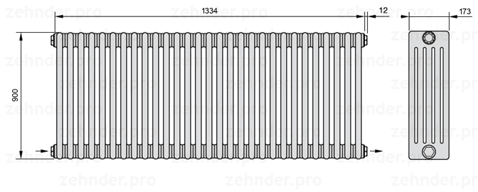 Схема (чертеж) Радиатор Zehnder Charleston 5090/29 №2670 Белый глянцевый RAL 9016